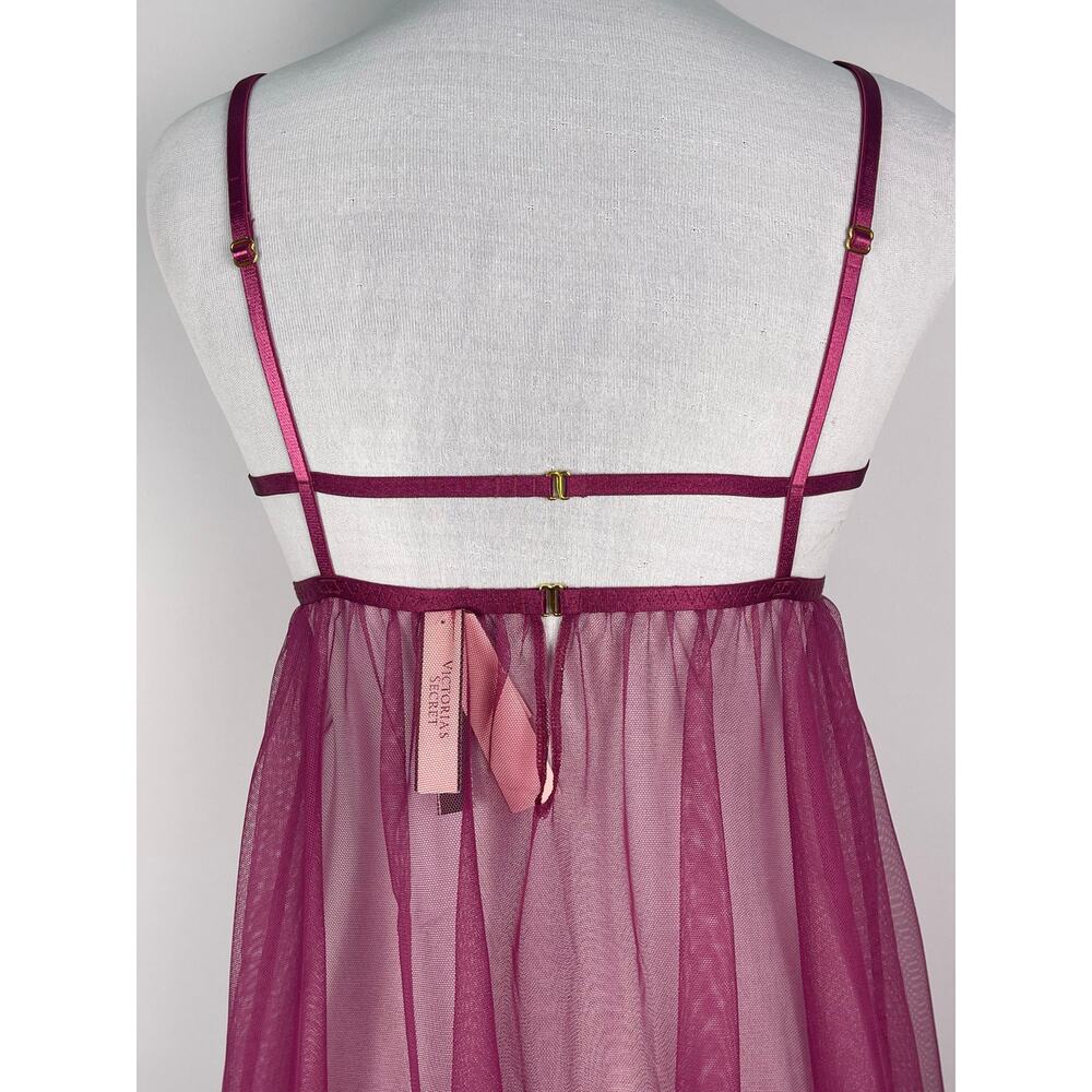 NWT Victoria’s Secret Sheer Lace Mesh Babydoll Chemise Lingerie Berry Size M - Picture 5 of 8